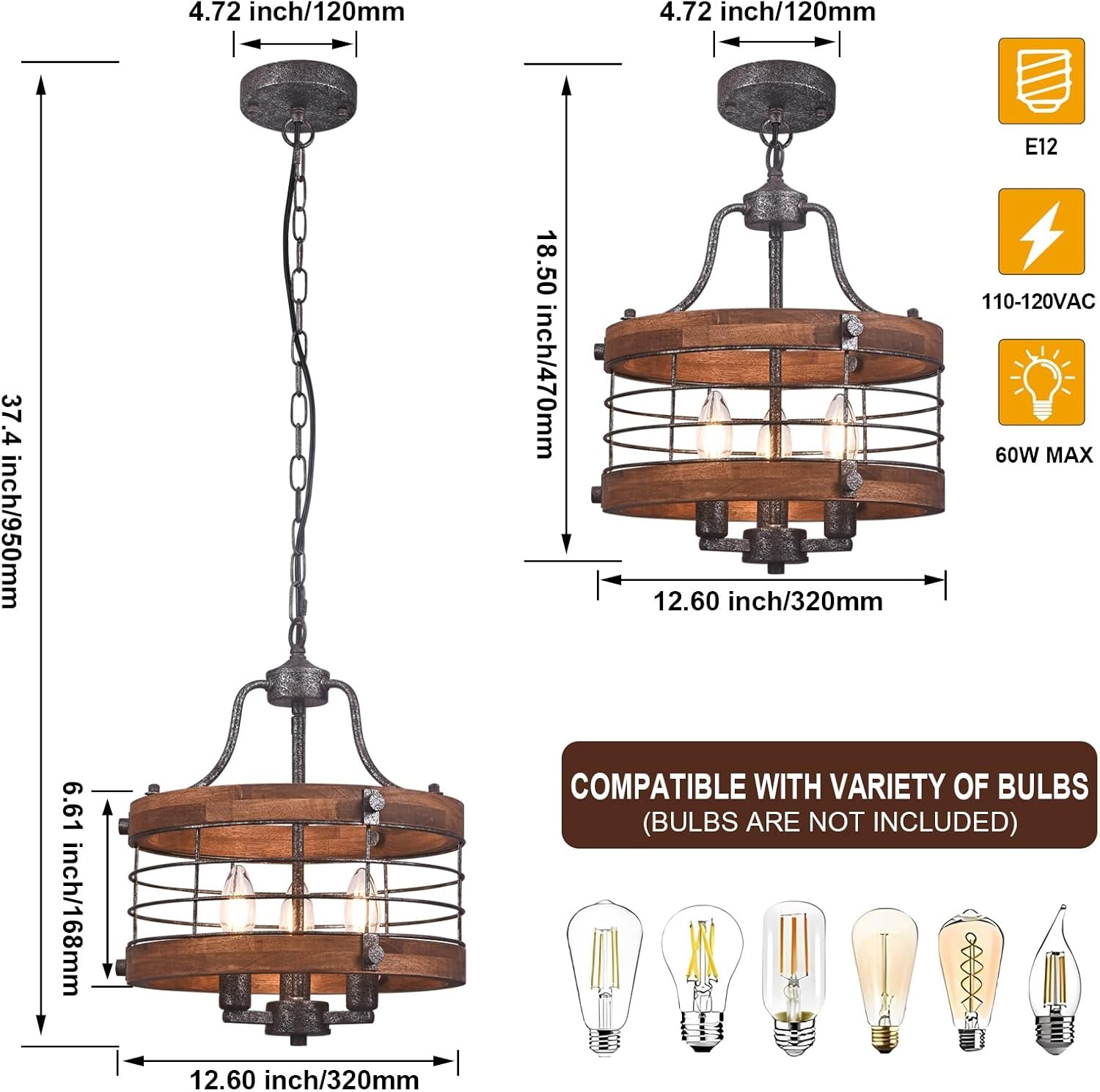 3-Light Silver Wood Drum Farmhouse Chandelier