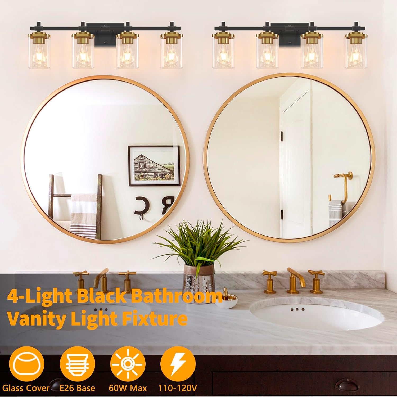 4-Light Black Gold Clear Glass Bathroom Vanity Light
