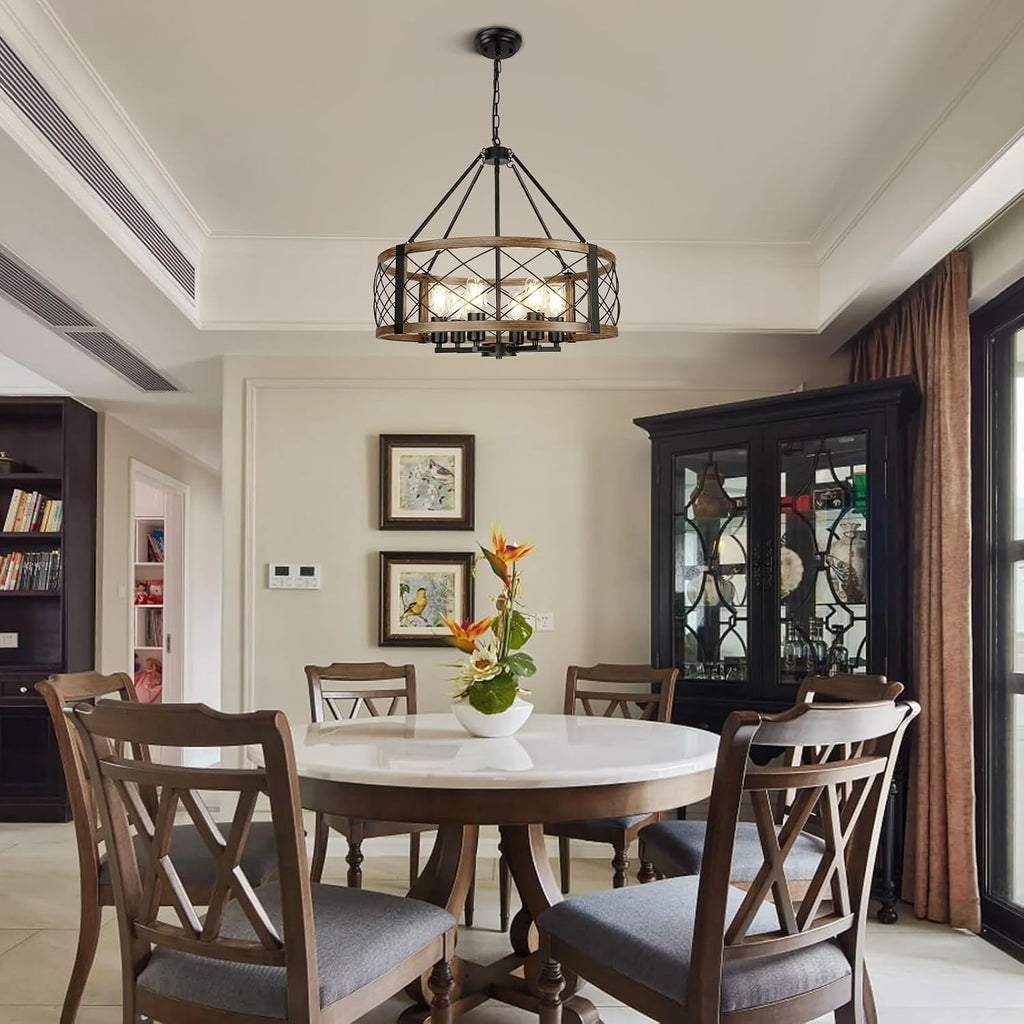 22.5 Inch 6-Light Wood Grain Drum Chandelier