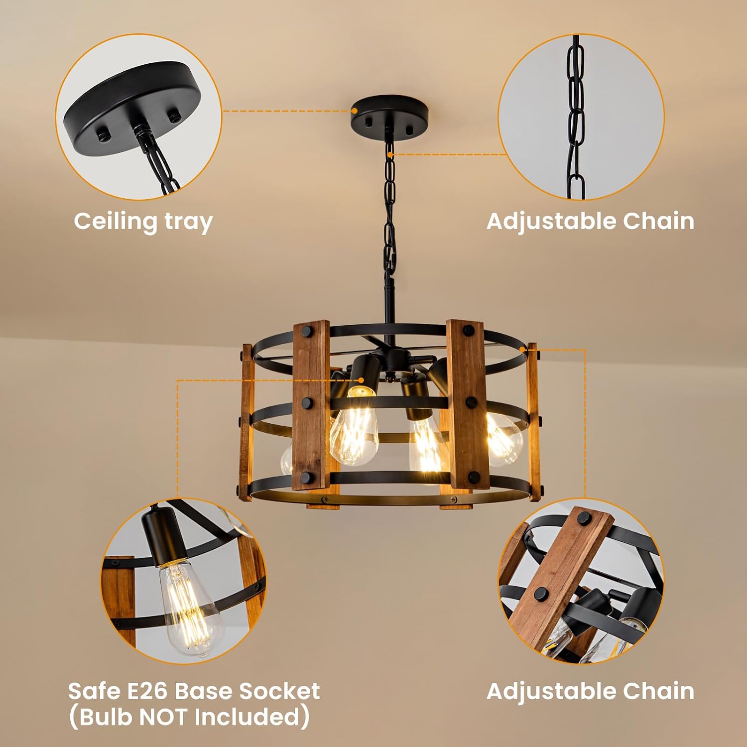 4-Light Brown Wood Farmhouse Pendant Chandelier