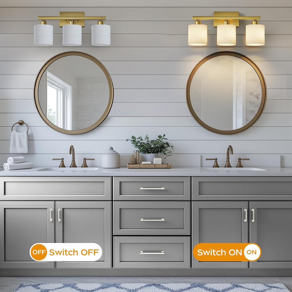 3-Light Brushed Gold Textured Glass Vanity Light