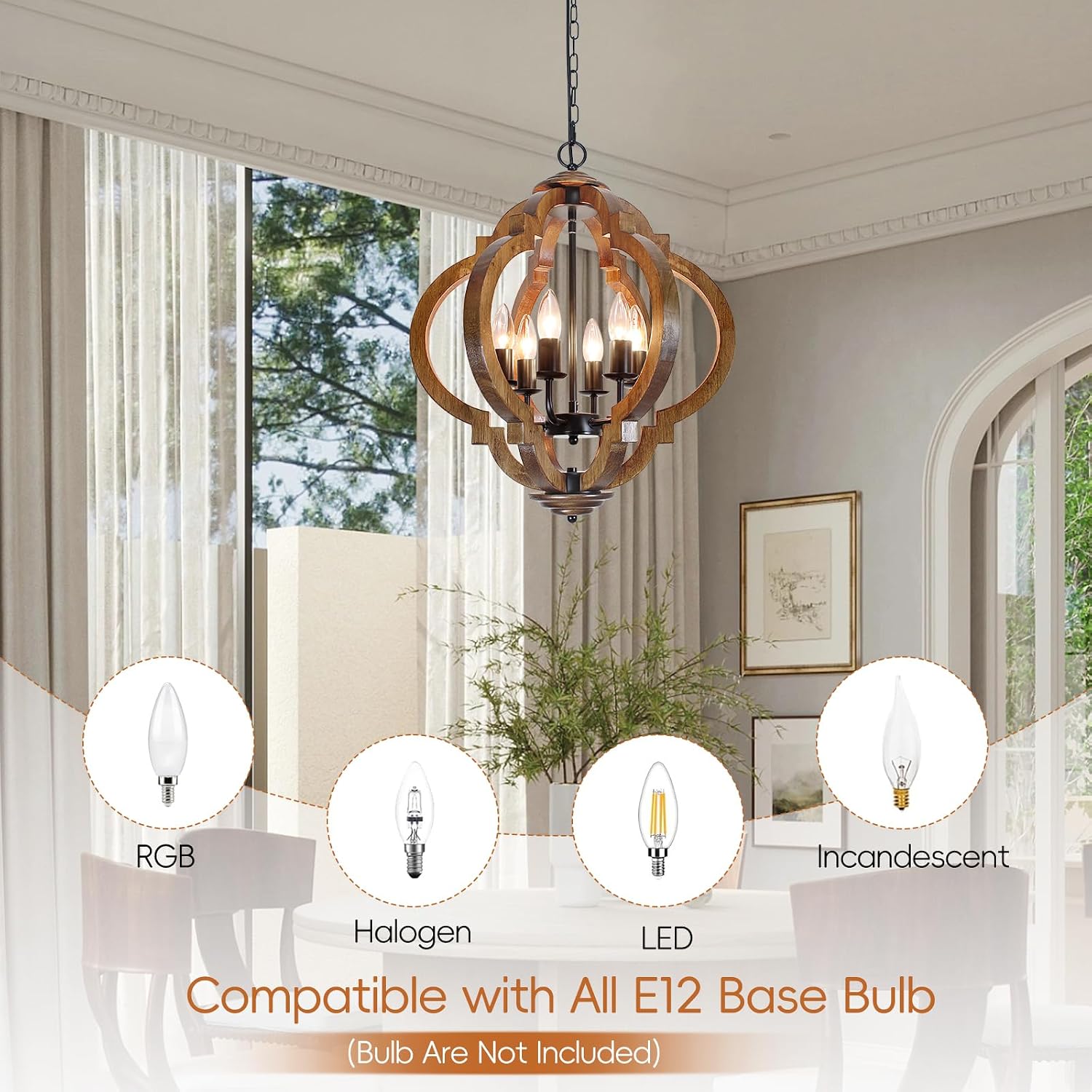 6-Light Brown Wood Black Metal Farmhouse Chandelier