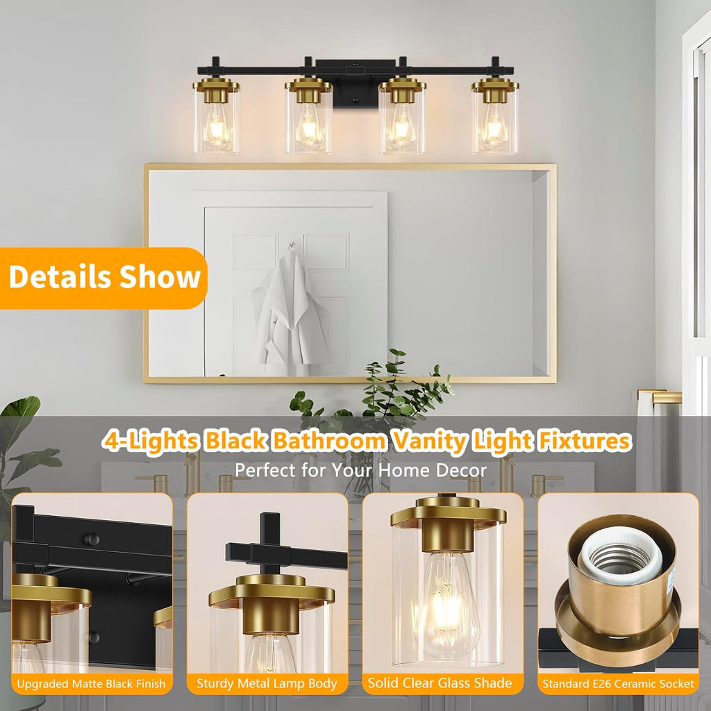 4-Light Black Gold Clear Glass Bathroom Vanity Light
