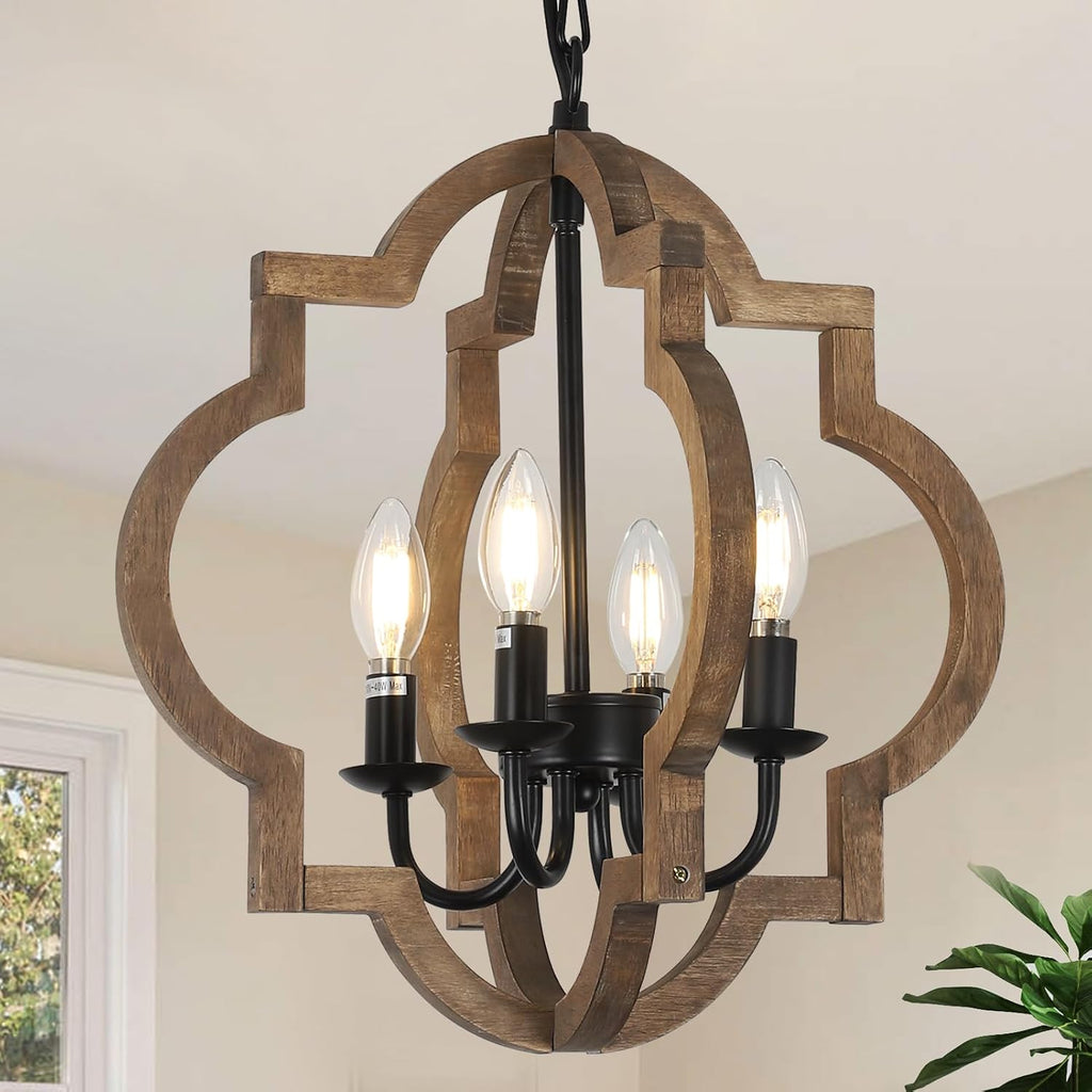 15.7 Inch 4-Light Solid Wood Farmhouse Chandelier