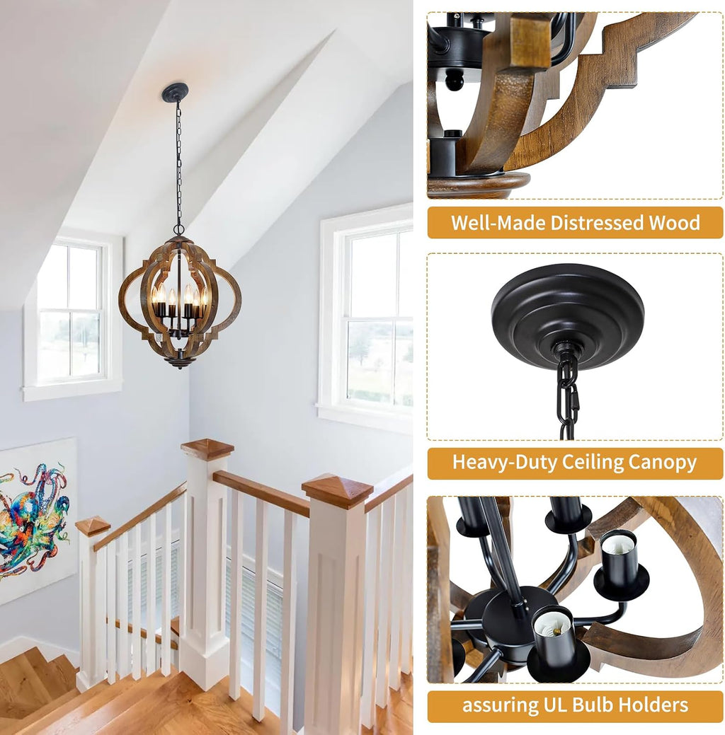 6-Light Brown Wood Black Metal Farmhouse Chandelier