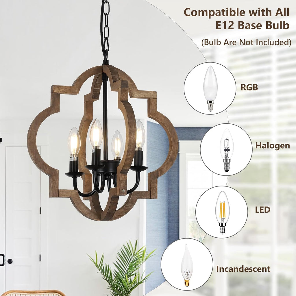 15.7 Inch 4-Light Solid Wood Farmhouse Chandelier