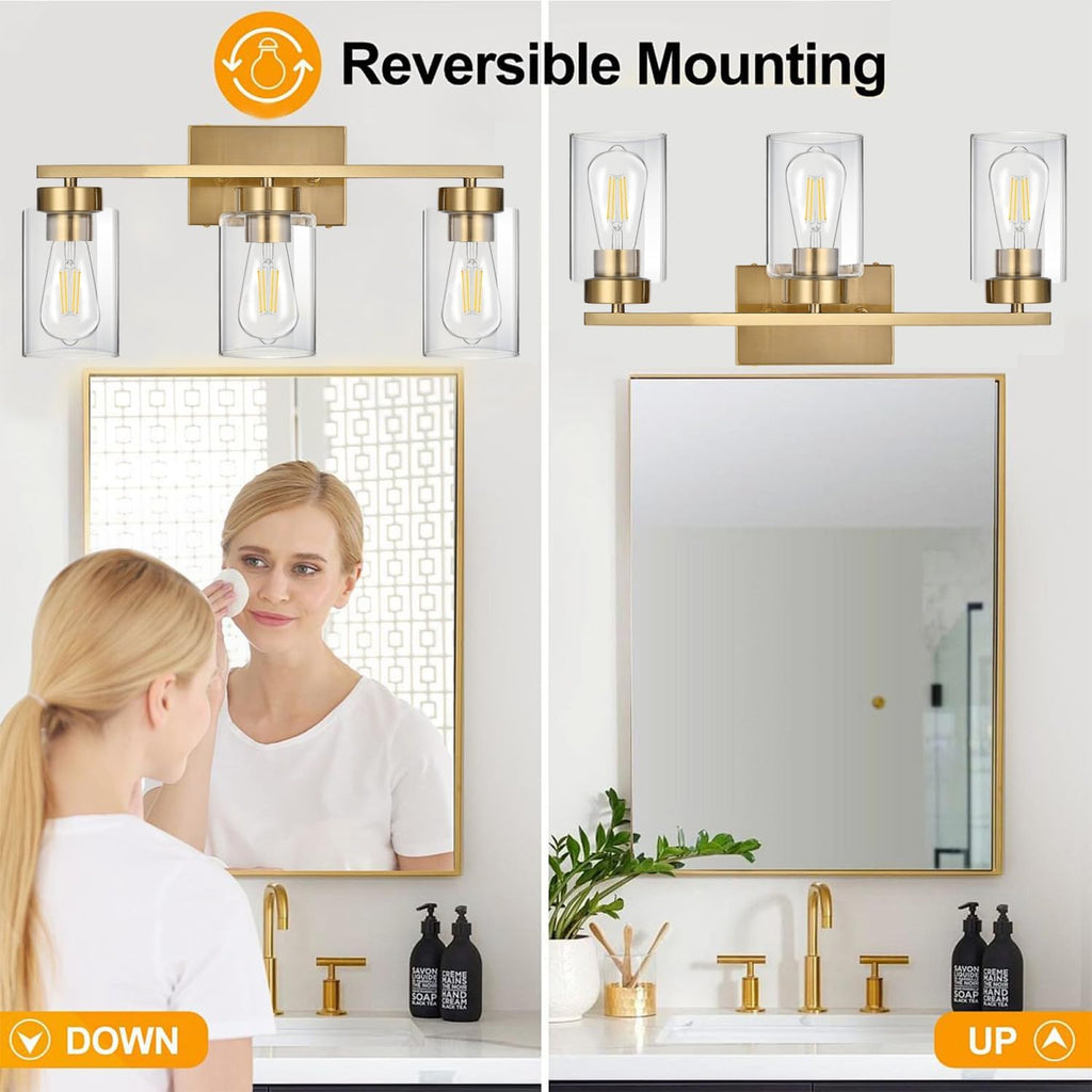 3-Light Brushed Gold Clear Glass Vanity Light
