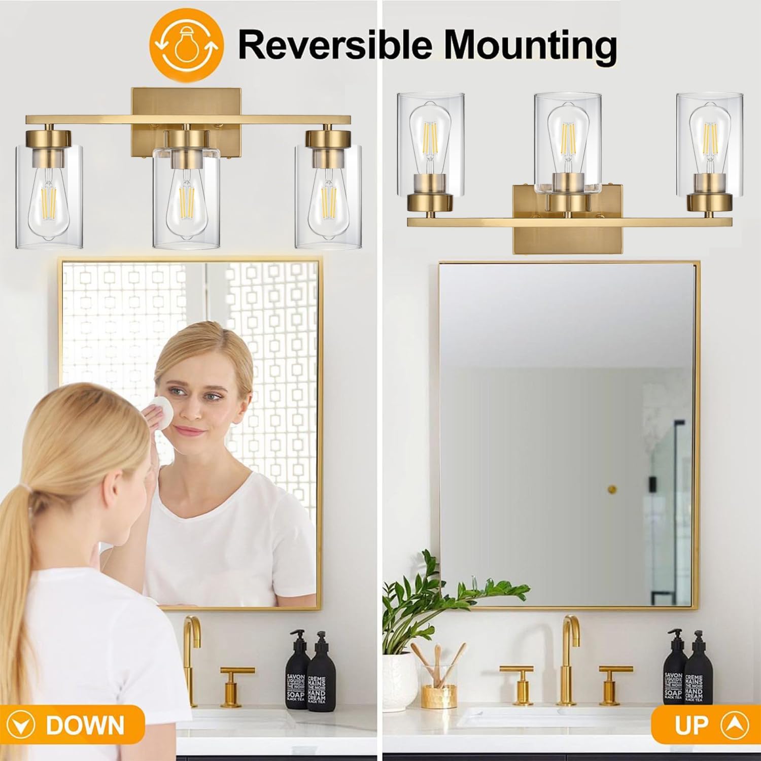 3-Light Brushed Gold Clear Glass Vanity Light