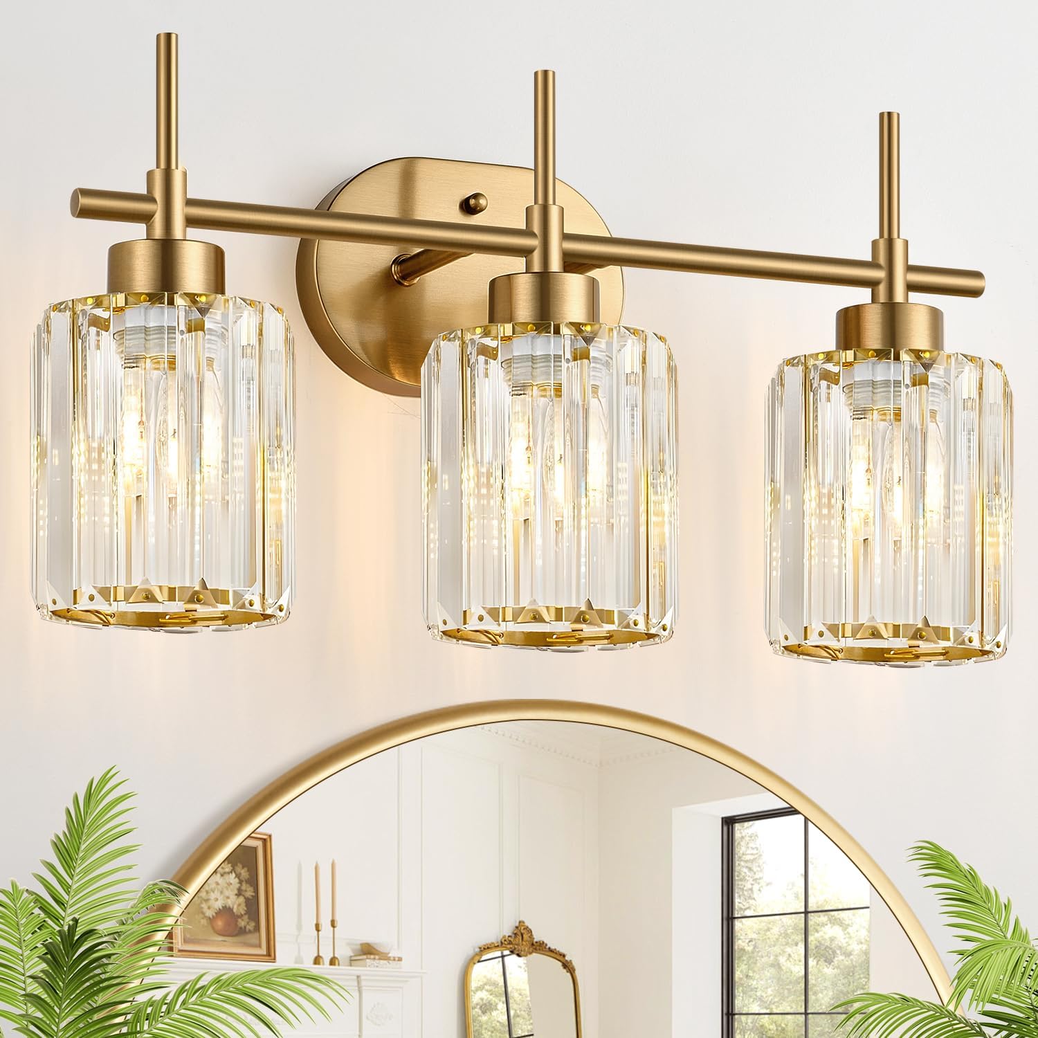 3-Light Brushed Gold Crystal Bathroom Vanity Light