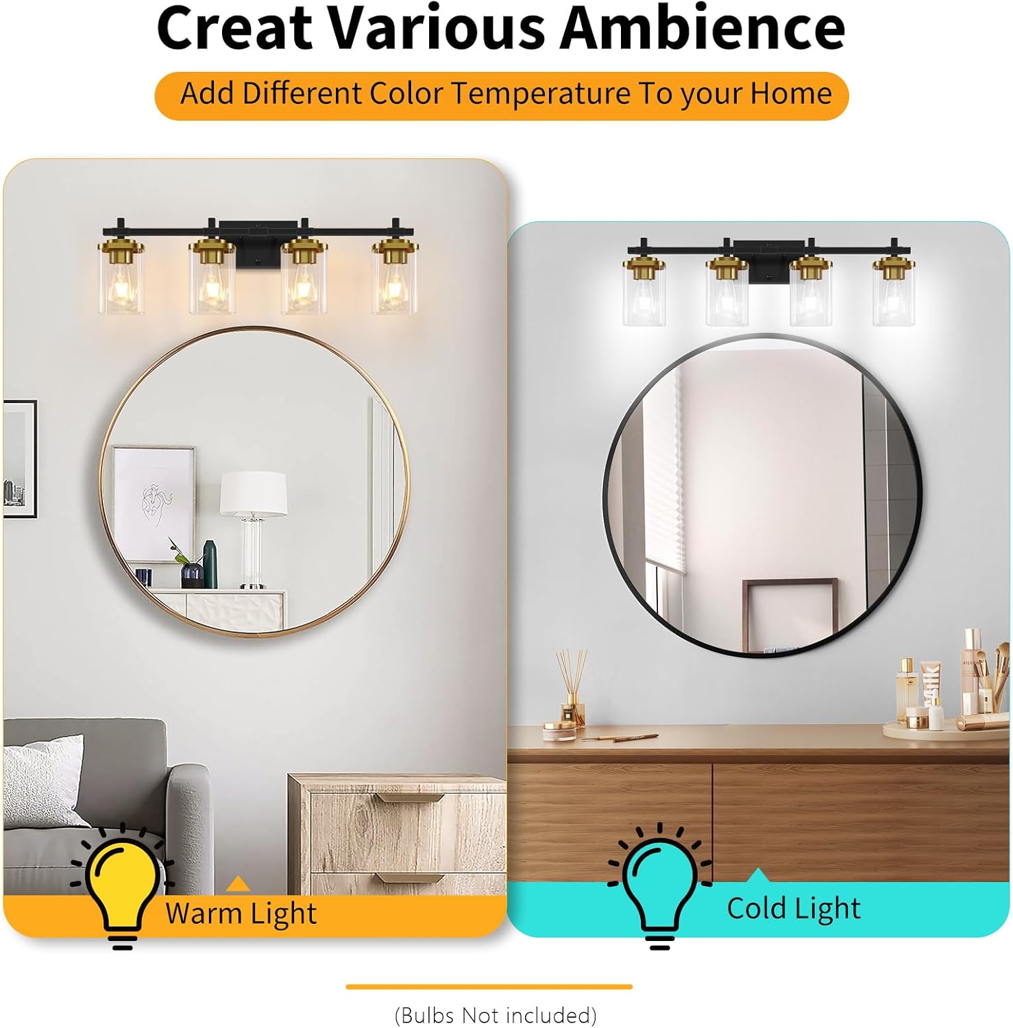 4-Light Black Gold Clear Glass Bathroom Vanity Light