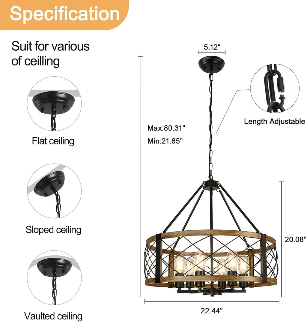 22.5 Inch 6-Light Wood Grain Drum Chandelier