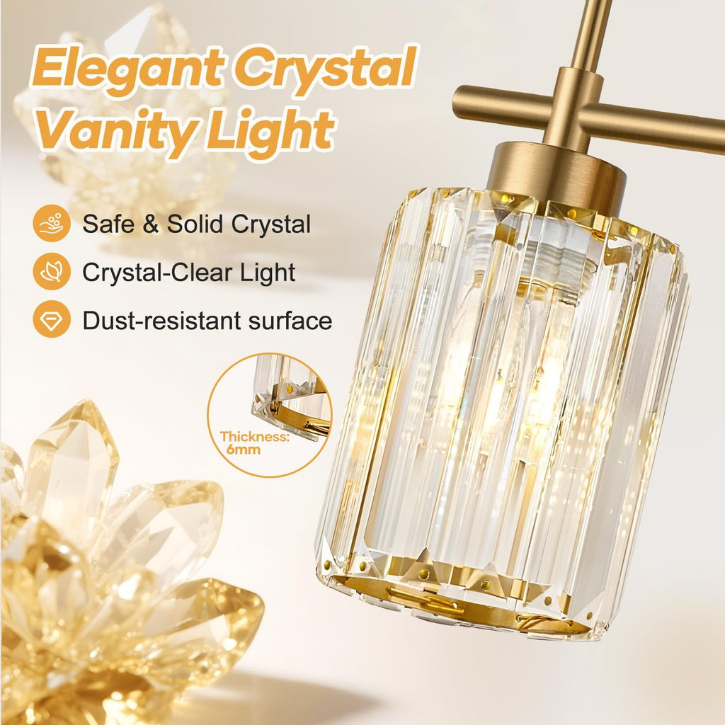 3-Light Brushed Gold Crystal Bathroom Vanity Light