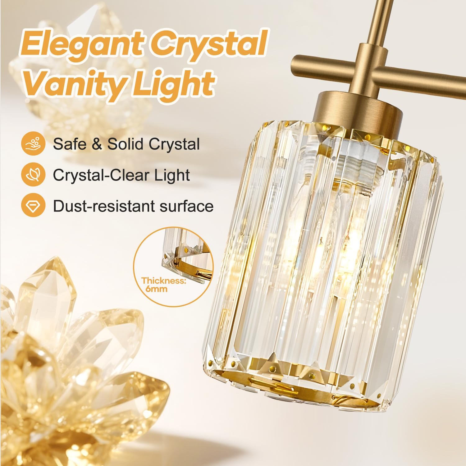3-Light Brushed Gold Crystal Bathroom Vanity Light