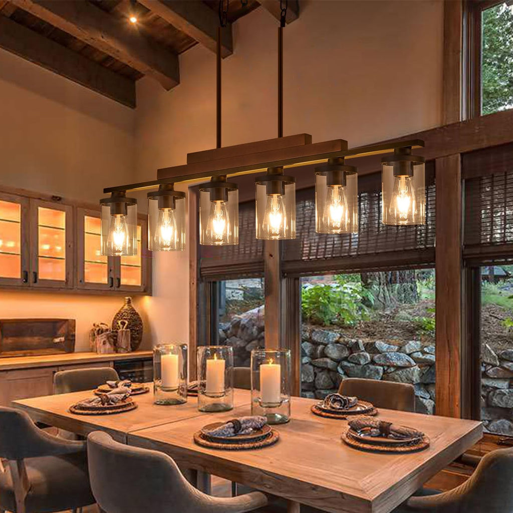 6-Light Wood Glass Farmhouse Dining Chandelier
