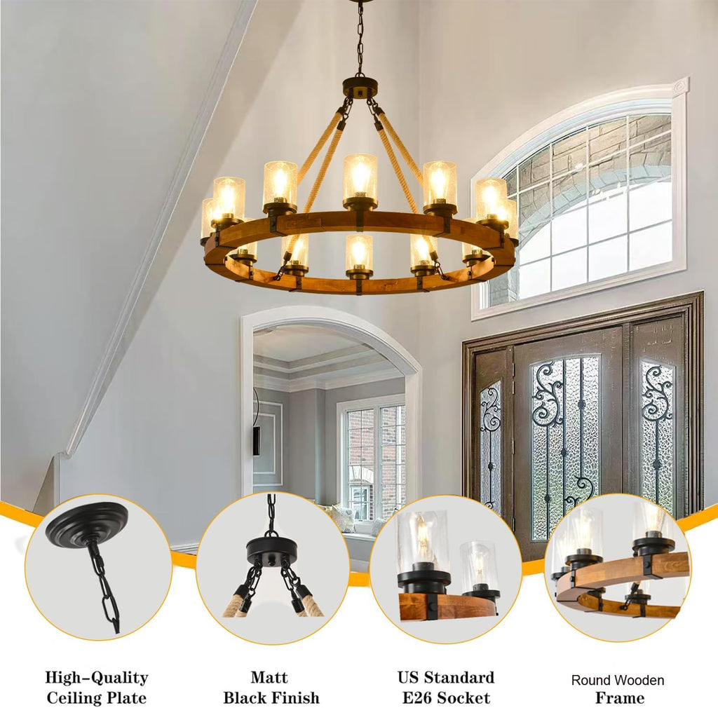 12-Light Wood Wagon Wheel Chandelier