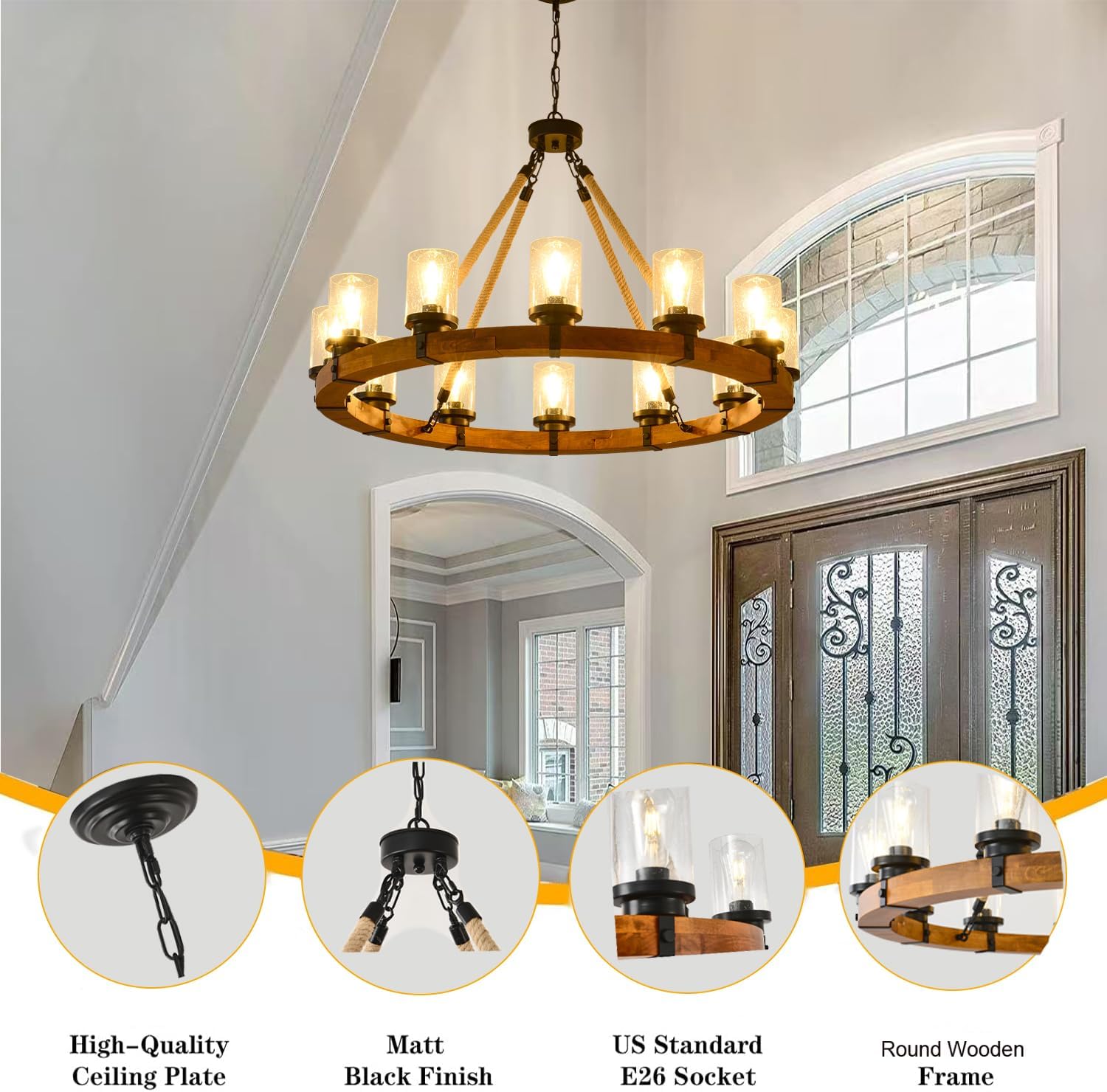12-Light Wood Wagon Wheel Chandelier