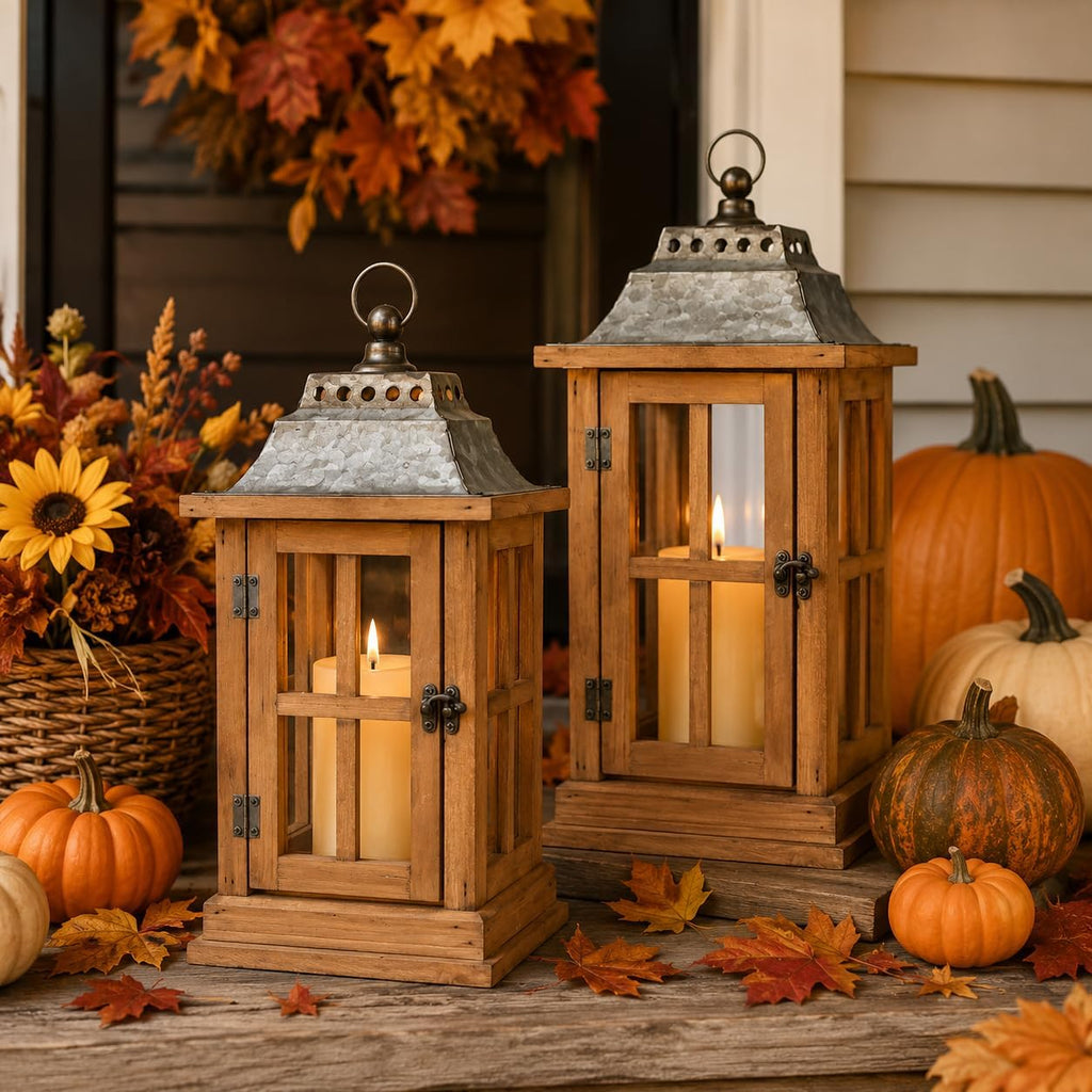 Set Of 2 Wooden Candle Lanterns 15 Inch