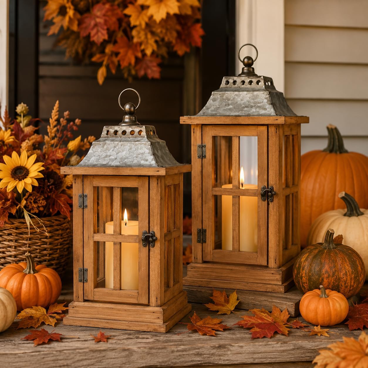 Set Of 2 Wooden Candle Lanterns 15 Inch