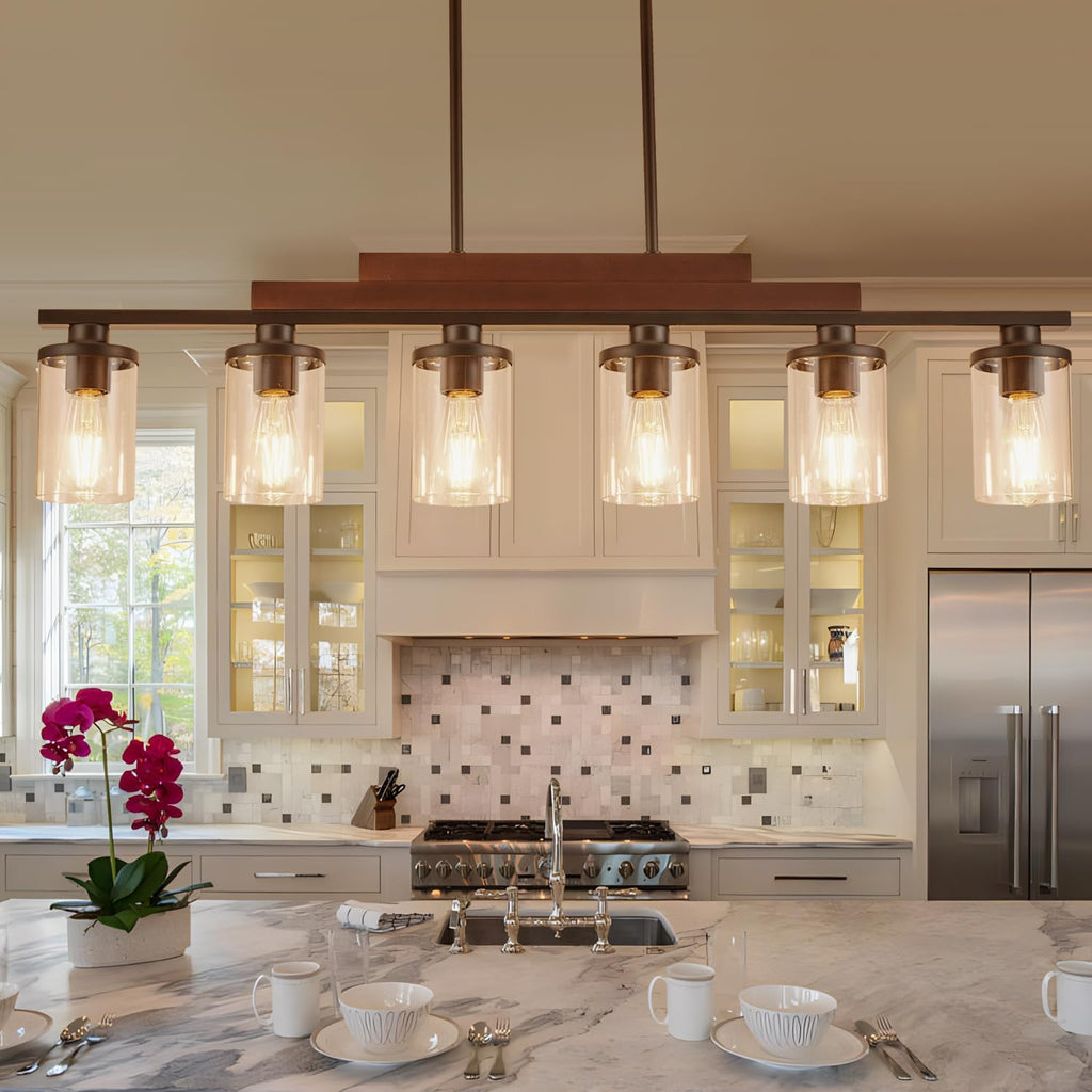 6-Light Wood Glass Farmhouse Dining Chandelier