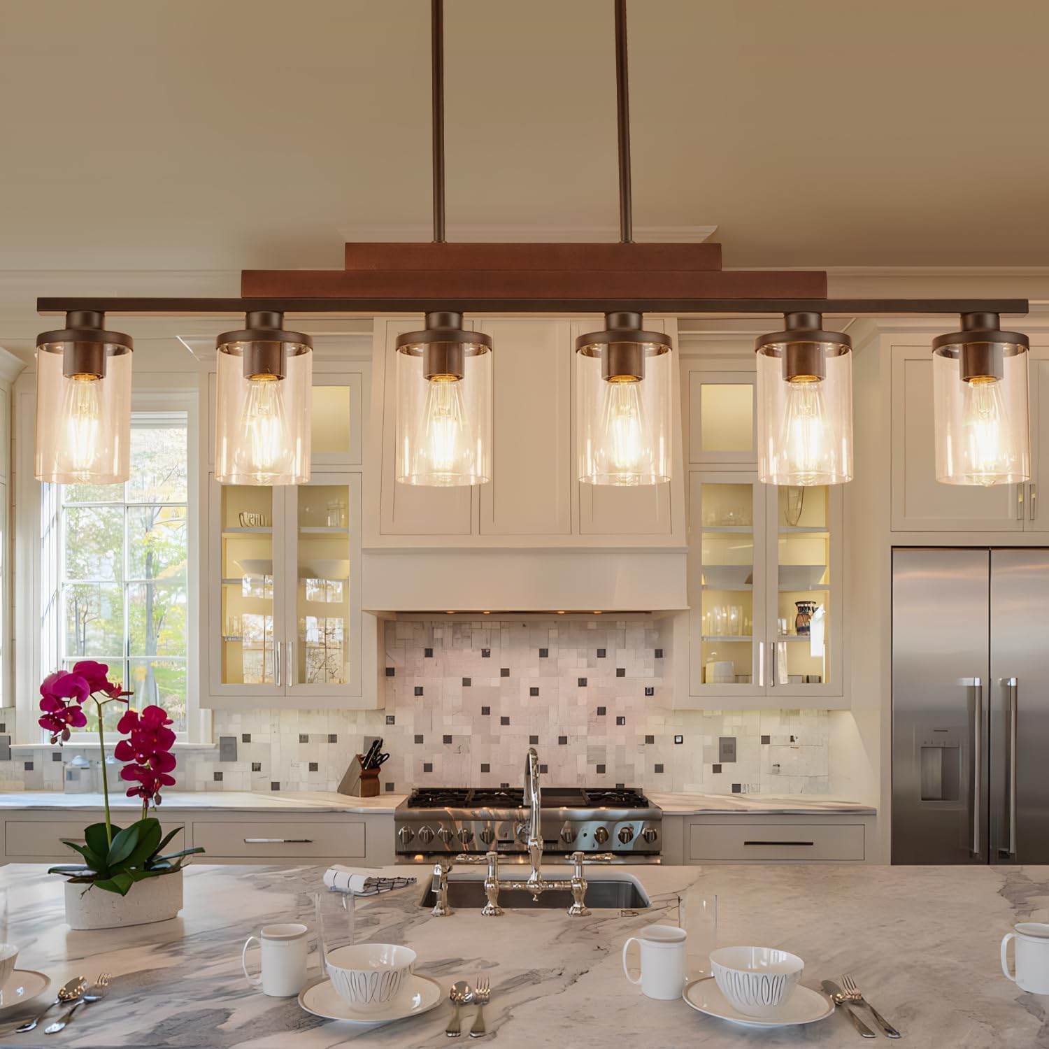 6-Light Wood Glass Farmhouse Dining Chandelier