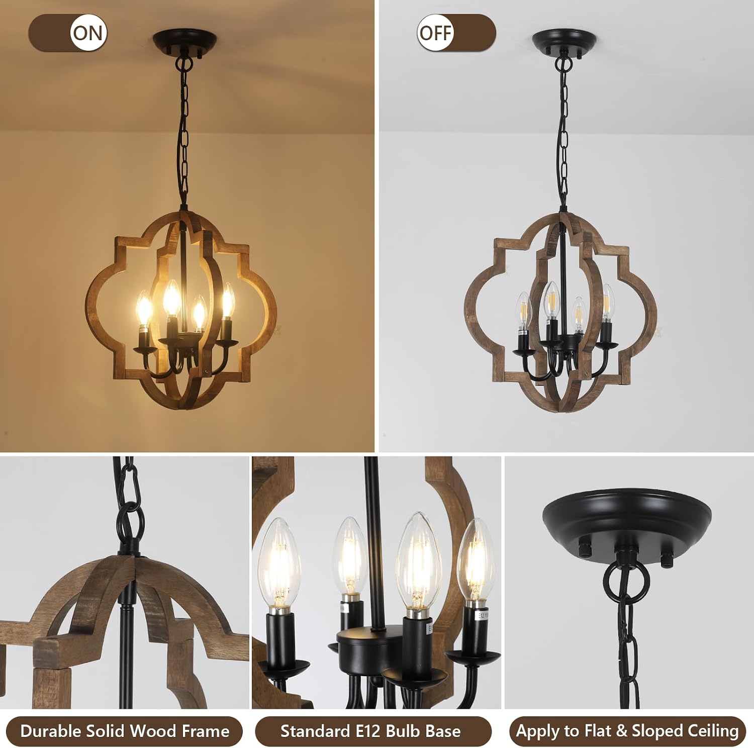 15.7 Inch 4-Light Solid Wood Farmhouse Chandelier