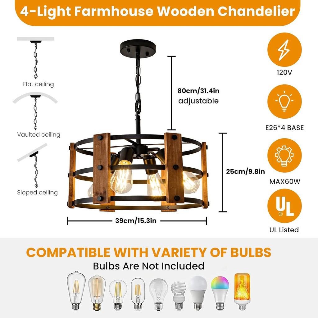 4-Light Brown Wood Farmhouse Pendant Chandelier