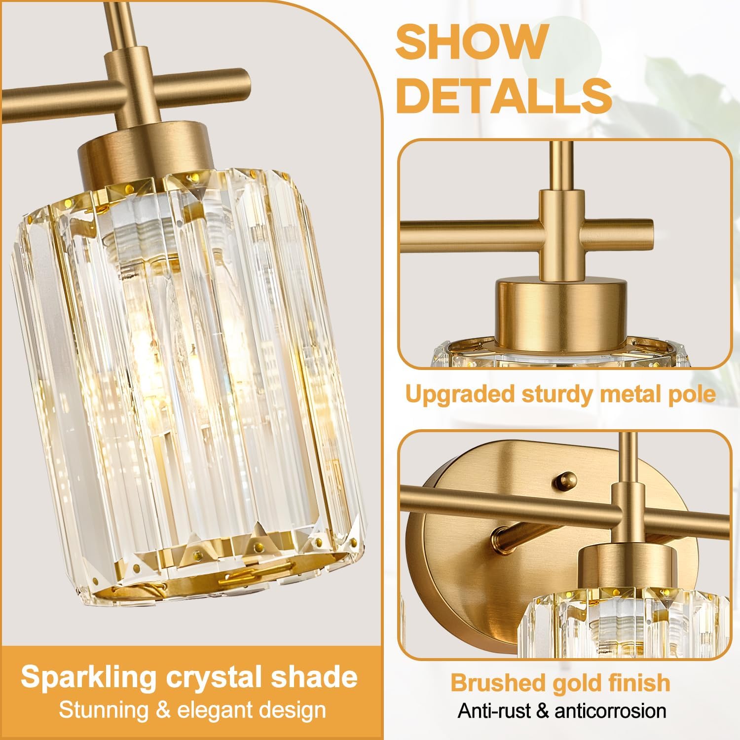 3-Light Brushed Gold Crystal Bathroom Vanity Light