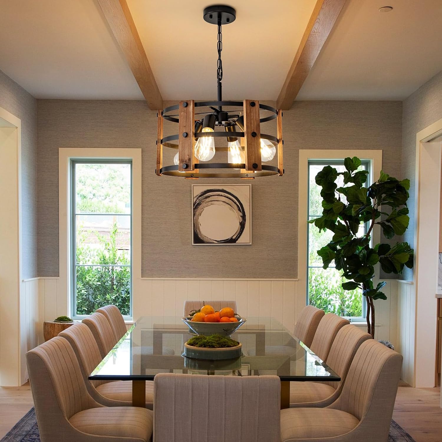 4-Light Brown Wood Farmhouse Pendant Chandelier