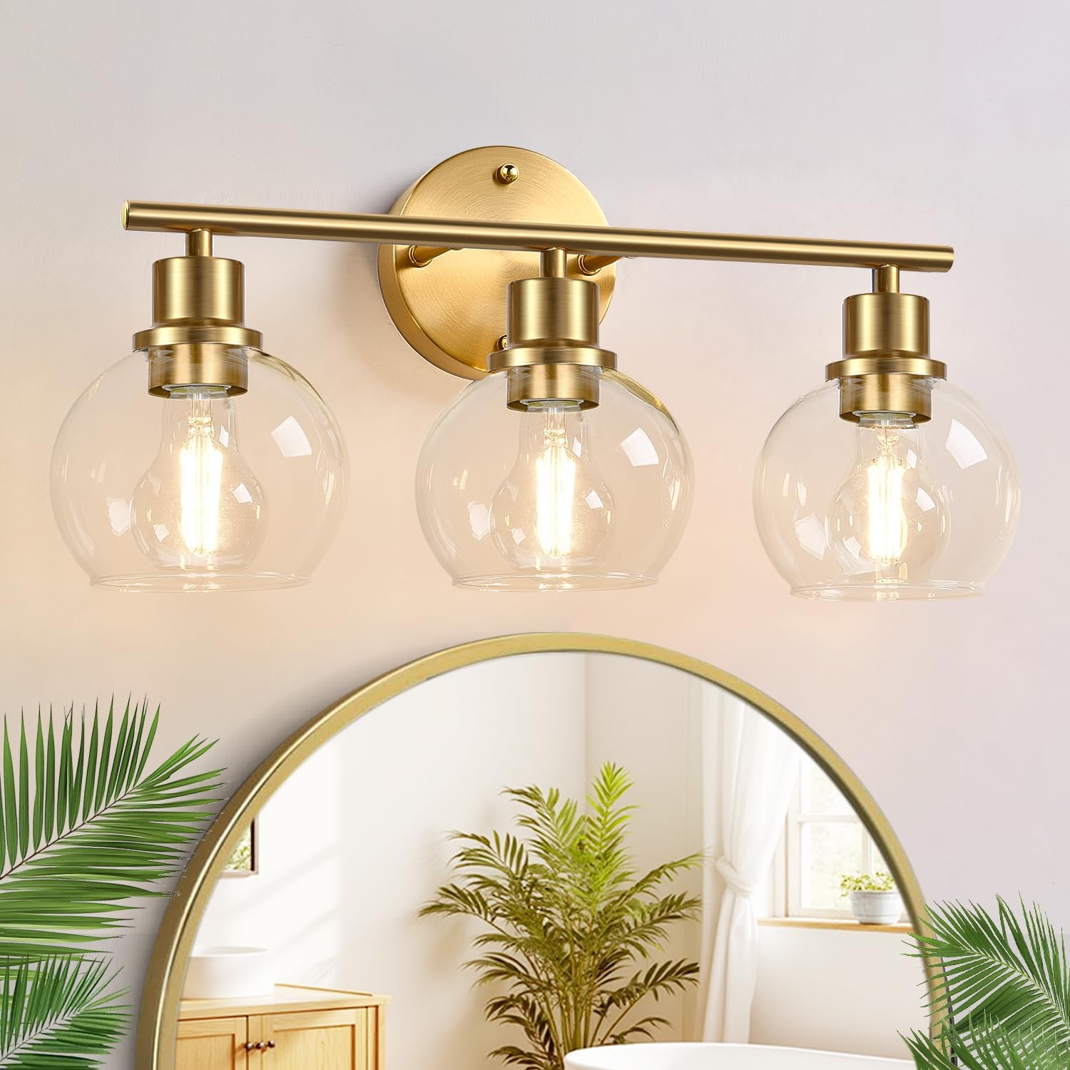 3-Light Clear Glass Globe Vanity Light Gold