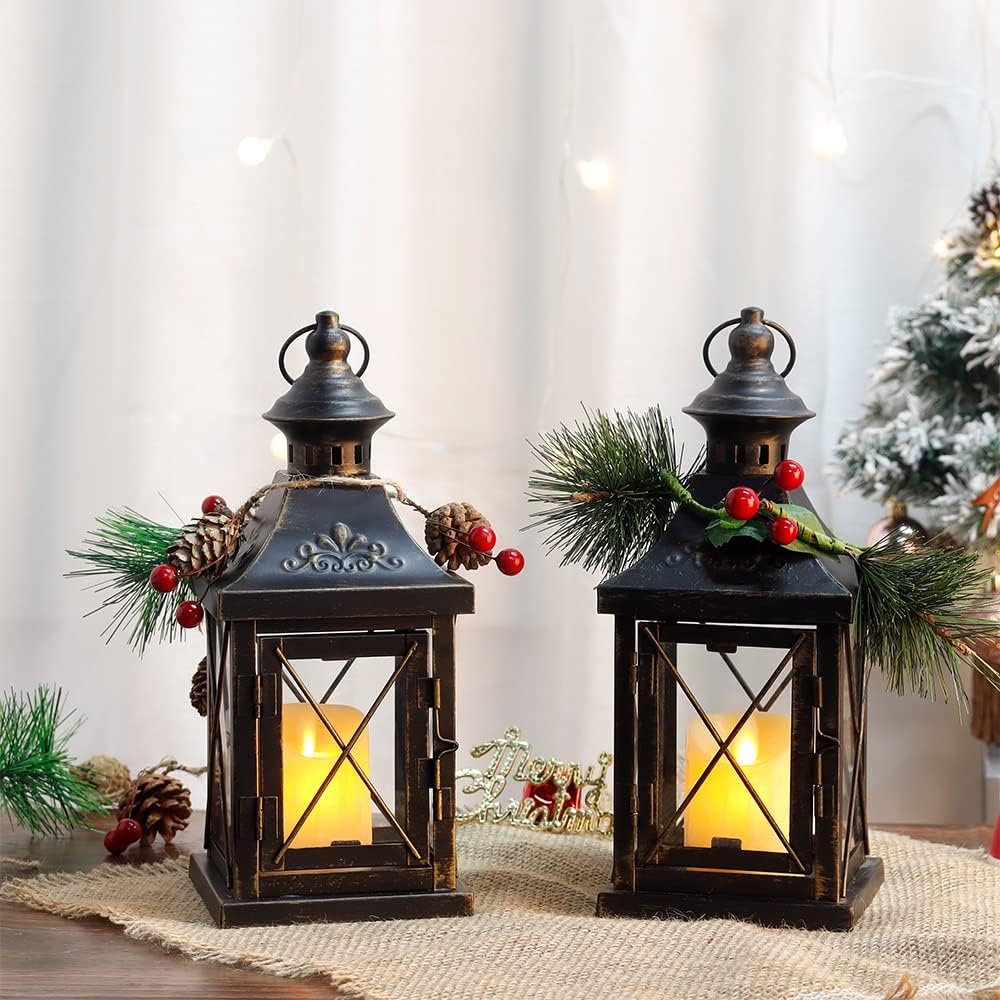 Set Of 2 Metal Candle Lantern Black Gold