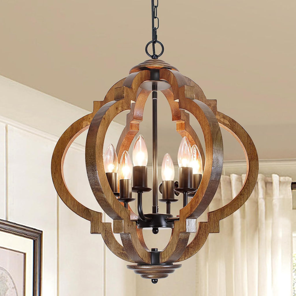 6-Light Brown Wood Black Metal Farmhouse Chandelier