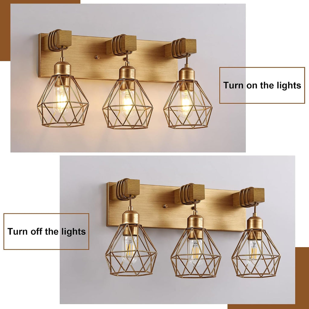 3-Light Wood Gold Bathroom Vanity Light