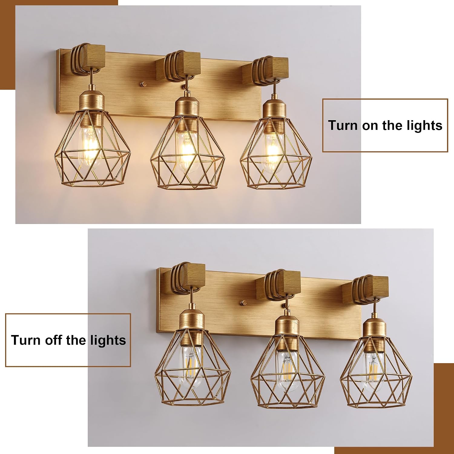 3-Light Wood Gold Bathroom Vanity Light