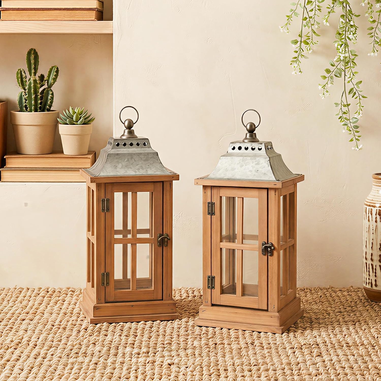 Set Of 2 Wooden Candle Lanterns 15 Inch