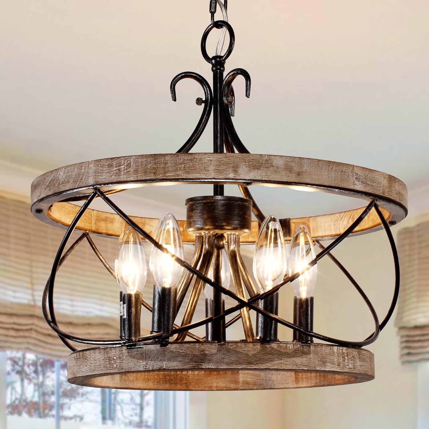 20 Inch 5-Light Wood Farmhouse Drum Chandelier