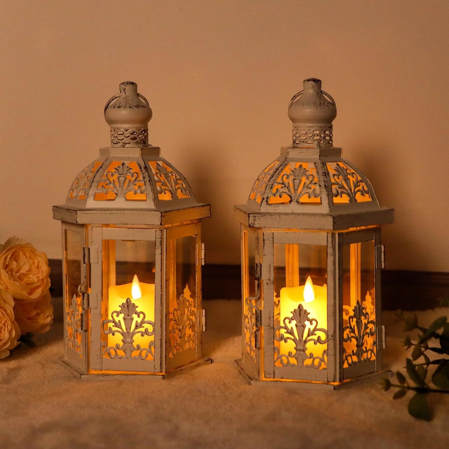 Set Of 2 Vintage Candle Lanterns White Grey