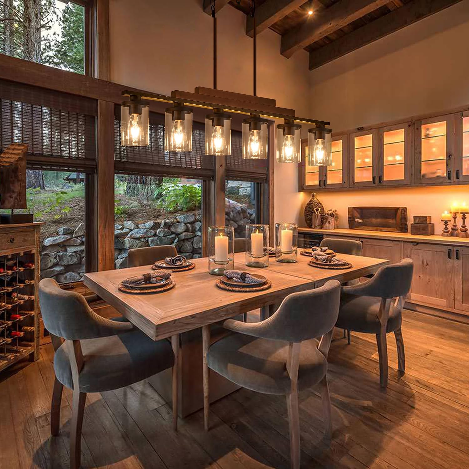 6-Light Wood Glass Farmhouse Dining Chandelier