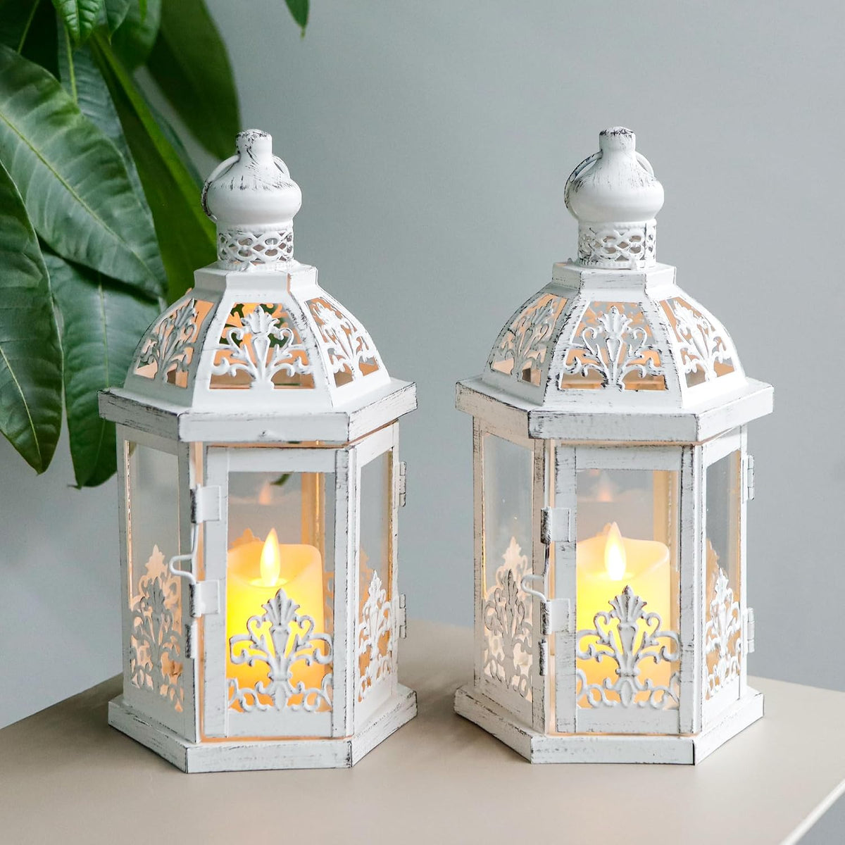 Set Of 2 Vintage Candle Lanterns White Grey
