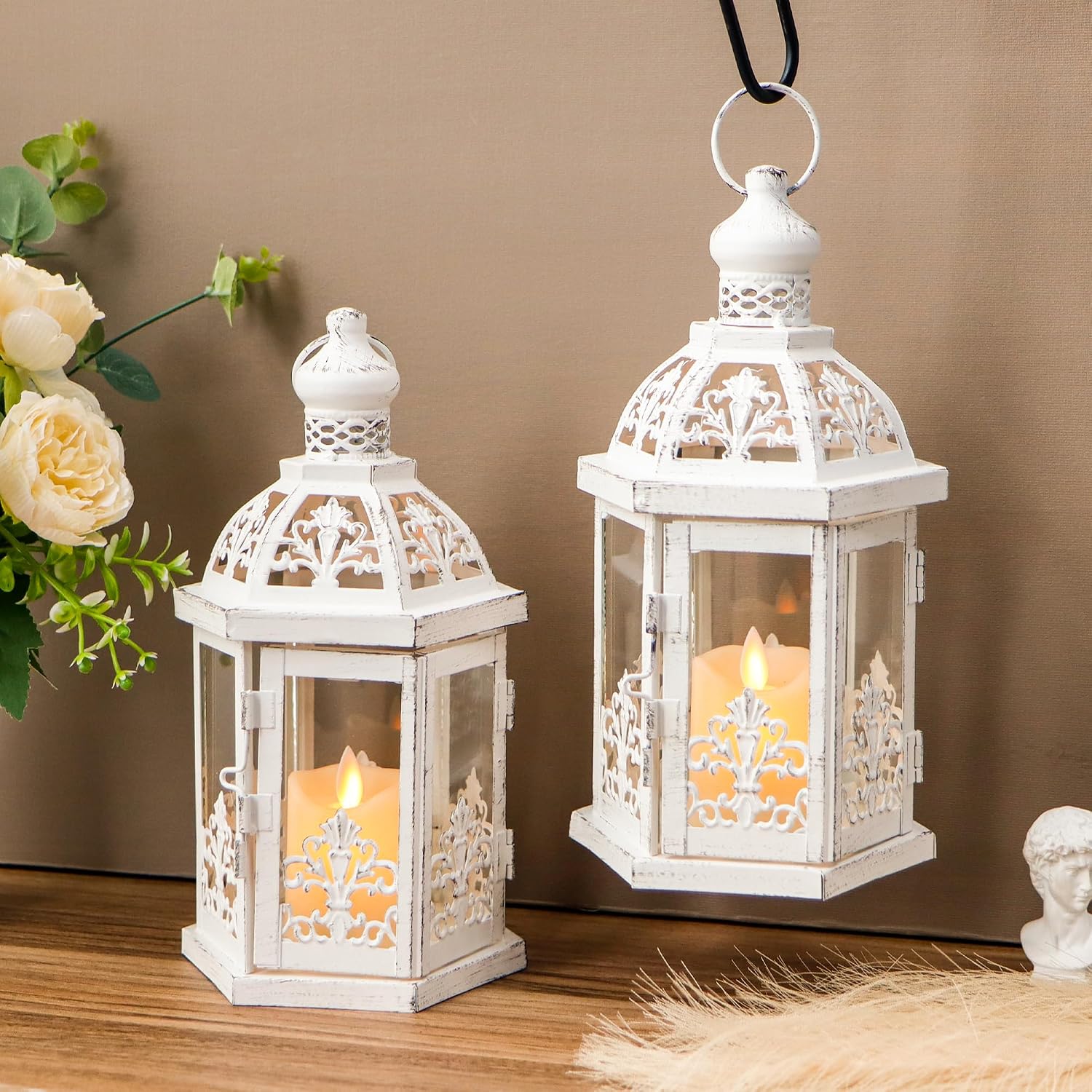 Set Of 2 Vintage Candle Lanterns White Grey