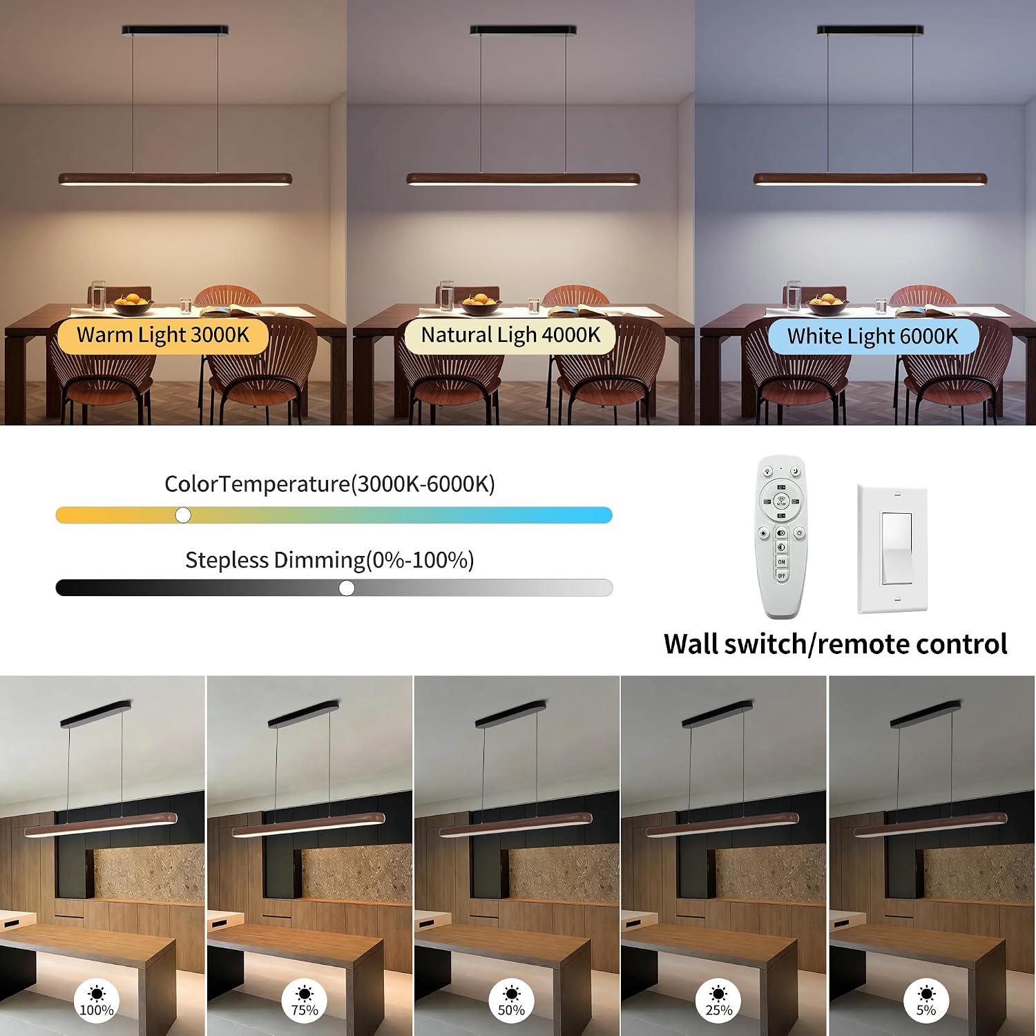 47 Inch Wood Grain Linear Pendant Light