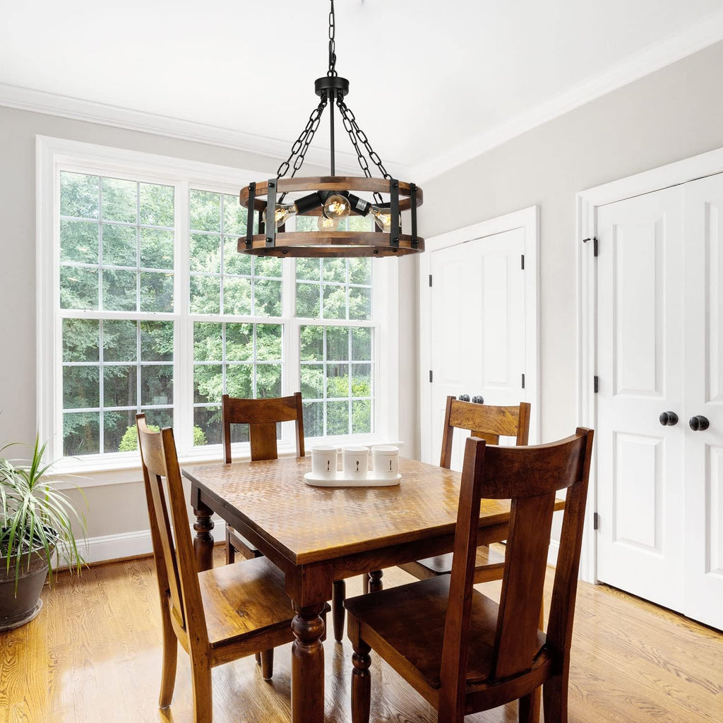 4-Light Wood Black Metal Drum Farmhouse Chandelier