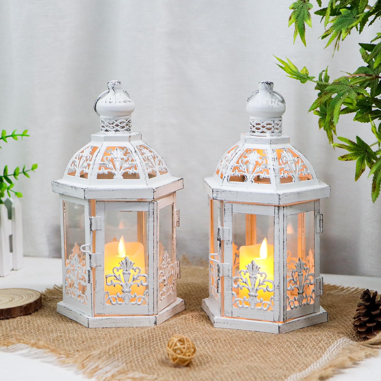 Set Of 2 Vintage Candle Lanterns White Grey