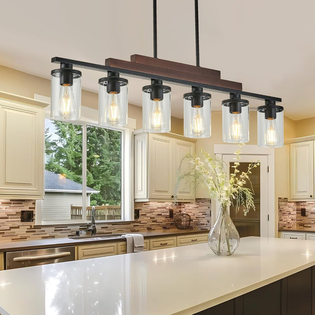 6-Light Wood Glass Farmhouse Dining Chandelier