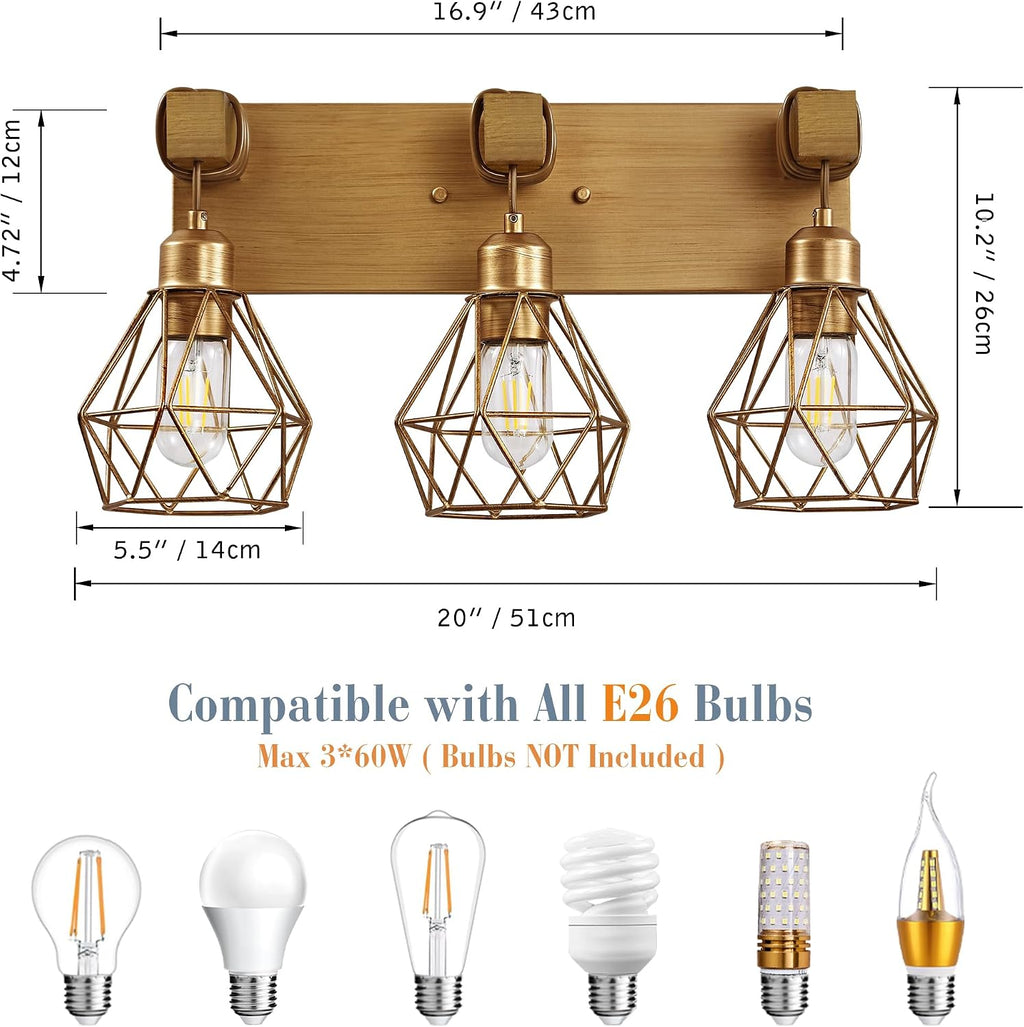 3-Light Wood Gold Bathroom Vanity Light