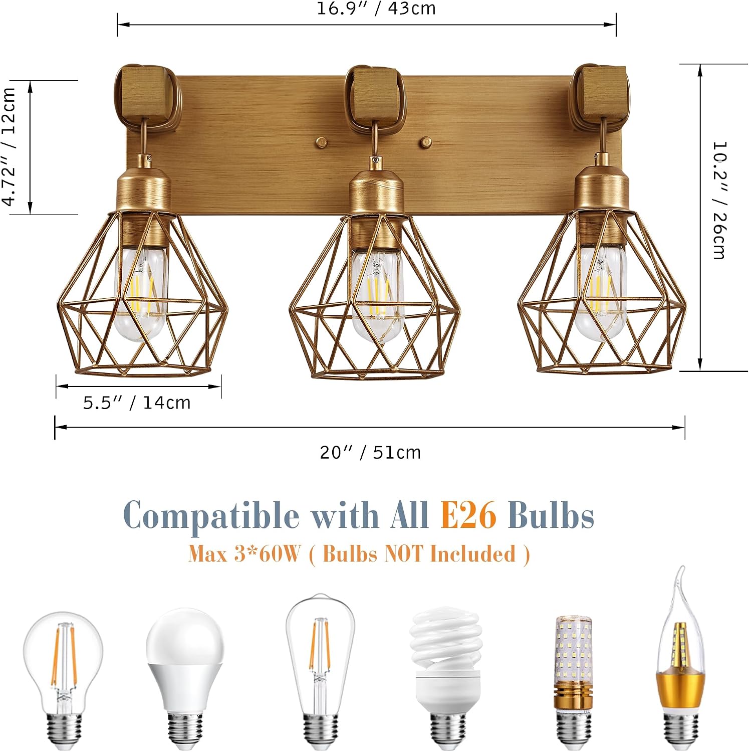 3-Light Wood Gold Bathroom Vanity Light