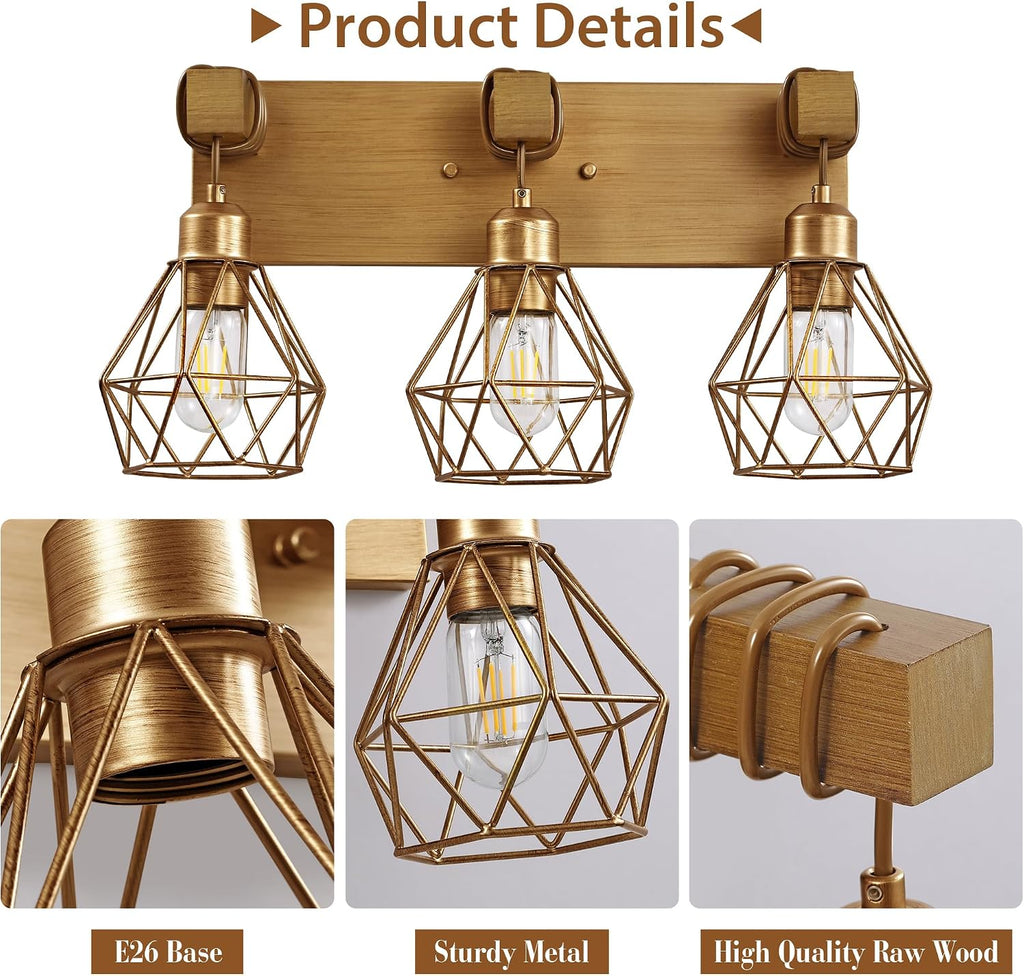 3-Light Wood Gold Bathroom Vanity Light